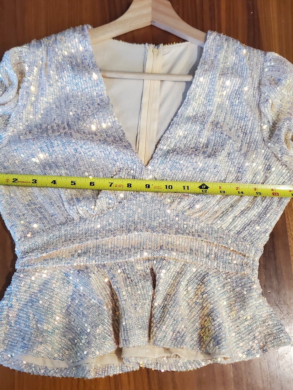 Champagne Gold Sequin V-Neck Peplum Babydoll Y2K Stretch Puff Sleeve Top WomensM - Picture 7 of 13